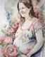 Placeholder: portrait, watercolor, fine drawing, Pregnancy, flowers,