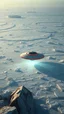 Placeholder: A ufo starship crashed in an aerial view of a landscape made of ice that looks futuristic with futuristic lighting, horizon, realistic rendering