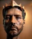 Placeholder: Gran angular, Realistic image, roman sculpture buste, marble deluxe material, Lionel Messi, gold Laurel crown model, miguel angel style, emperador, God light, god rays, 4k resolution, smooth details, ornate details, soft lighting, unreal engine 5, soft cyan background.