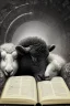 Placeholder: one black sheep reads a book on other site white sheep herd sleep