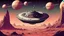 Placeholder: Planet Mongos in a another galaxy, a distance view from the space, a small spaceship saucer arrives to the planet