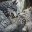 Placeholder: the anthropomorphic gray hairy body wolfman name Teo, holds between his paws the anthropomorphic pale hairy body wolfwoman's face , they look at each other lovingly, blur background, high detalied, realistic, sci-fi and fantasy mood