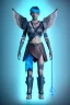 Placeholder: a person in runic armor with blue wings, blue short hair, runic tattoo and spell book