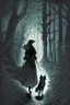 Placeholder: in the style of a Henry Justice Ford drawing, a beautiful witch walks through a dark forest, a dog is coming towards her