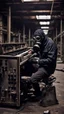 Placeholder: a person with a gas mask in an abandoned big massive factory, playing with a modular synth piano