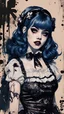 Placeholder: Poster in two gradually, a one side malevolent goth vampire girl face and other side the Singer Melanie Martinez face, full body, painting by Yoji Shinkawa, darkblue and sepia tones,