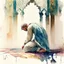 Placeholder: A man prostrating in islamic prayer, wearing shalwar qameez, background of islamic pattern, watercolour painting