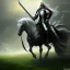 Placeholder: great old knight with flowing white hair and beard riding black horse toward castle