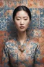 Placeholder: abstract editorial image, asian woman portrait, moroccan tiles pattern, mixed media
