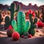 Placeholder: Green crystal glass cactus with glowing red cactus fruit in the desert, oasis in background, sharp focus, high contrast, dark tone, bright vibrant colors, cinematic masterpiece, shallow depth of field, bokeh, sparks, glitter, 16k resolution, photorealistic, intricate details, dramatic natural lighting