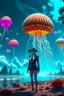 Placeholder: woman in a form-fitting suit, standing on a beach of an alien world, watching mushrooms with jellyfish tentacles in the sky