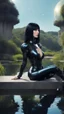 Placeholder: Fantasy Photo Of A Woman With Black Hair, Wearing A robot-looking catsuit, Sitting sideways On A Ledge next to a Pond, With A Planet Behind Her Head