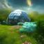 Placeholder:  futuristic dome in the countryside on another planet, green plants, flowers, big trees blue sky, pink, blue, yellow soft lights