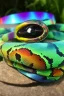 Placeholder: the snake head in rainbow colored round swimming goggles