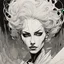 Placeholder: create a highly ethereal, darkly magical surrealist portrait illustration of the mother of vampires, Lamae Bal, with highly detailed and deeply cut facial features, in the chaotic, turbulent, otherworldly landscape of Coldharbour in the comic art style of BILL SIENKIEWICZ and JEAN GIRAUD MOEBIUS, searing lines and forceful strokes, precisely drawn, inked, and darkly colored