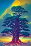 Placeholder: scenic photo of a vibrant Big tree, stretching high above the clouds, its branches adorned with radiant colourful lanterns that lead the way to a hidden realm of celestial vivid spirits. sunset setting, birds and fireflies flying