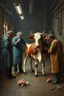 Placeholder: people kidnapping young cow while medicating old cow, inside science factory, painted by Rembrandt