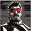 Placeholder: a young man with big muscles who looks like hans gruber wearing a turtleneck and red sunglasses staring with an angry look on his face