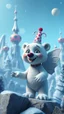 Placeholder: Liza from frozen as a polar bear clown angel up in frozen artic jungle with weird alien towers, in the style of Pixar, expertly crafted in a whimsical and vibrant cartoon style. is masterfully rendered in a lifelike 3D design, which captivates viewers with there irresistible charm.