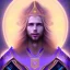 Placeholder: smiling beautifull long hair blond man face with small cristal diadem on the forehead , cosmic armor and cosmic purple and blue sky behind