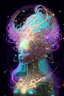 Placeholder: Goddess of music with holographic images, stars, planets, crescent moon, musical notes, musical notation, particles, all floating around her head and body): iridescent turquoise metal, pink and gold optic fibre hair, robot, electric, neon, nebula, light shards, iridescent galaxy metal, glowing tendrils and threads for hair, electric wires, hair swirling and billowing, lighting effects, neon blue synth wave patterns, pearlescent, digital background, shiny