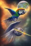 Placeholder: Parrot is flying in the space and is holding the earth in his claws. Surrealism.