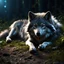 Placeholder: small wolf lying down on its side on the ground photo realistic, 4k, dark fantasy