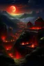 Placeholder: View of an ancient walled city sitting in a valley as viewed from the rim of the valley, the city is lighted by torches placed along the walls with windows high upon the wall, One window has a scarlet cord draped out reaching the ground, the sky is dark and surrealistic with planets and moons on the horizon, the rim of the valley has armored soldiers laying in wait while 2 spies work their way down to the outside of the city wall where the scarlet cord hangs from the window above
