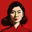 Placeholder: Illustration of a 30 year old Japanese woman with with dark brown hair, front view, red background