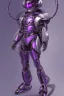 Placeholder: A Genderless Cyborg made of metal, has a human like face with a long violet ponytail, the cybord is wearing armor similar to Megaman Omega. The color palatte of the armour is deep purple and yellow.