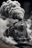 Placeholder: A steam train made of swirling smoke, with intricate patterns and designs on the locomotive's body. The artwork uses focus stacking and digital art techniques to create a surreal and detailed background. The dark, white and gray style depicts hyperrealistic sculptures and hyperdetailed illustrations of surreal and dreamy landscapes in the style of hyperphotorealism. Silver, black and grey colors are used.