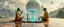 Placeholder: alien levitating yoga monk chess masters playing serious glowing chess on hex map in lounge on beautiful lush planet with huge transparent bird glass alien chess pieces of ships in fountain