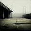 Placeholder: Minimal floating elements contemporary abstract oil paintings of desolate 1960s carpark with road markings and concrete fragments. Lone figure. Overlay with grungy typography graphics. style of Justin Mortimer and Francis Bacon.