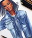 Placeholder: Fashion illustration, fashion drawing, Croquis, Hussein Suleiman, Jefferson Osei, Abderrahmane Trabsini, Fenty, denim jacket, mudcloth patches, distressed jeans, flare leg, African American model