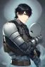 Placeholder: Male version of Motoko Kusanagi from "Ghost In The Shell (1995)", knight in steel plate armour, long black hair, pretty face, dignified, alone, slender