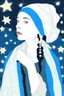 Placeholder: The Girl With A pearl Earring, mixed media, complimentary color, the starry night background, in the art style of Kaethe Butcher, Pierre-Auguste Renoir, Gaelic leafy FolkArt Folklore