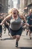 Placeholder: an obese terrified blonde woman in a crossfit outfit desperately running away from an angry mob of thousands of people chasing her down a city street while she is flailing her arms for dear life