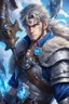 Placeholder: 1man warrior in anime style, with blue eyes wearing silver Vikings armor with a blue crystal on his chest with a battle axe on the pirate ship, anime, anime style