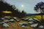 Placeholder: Night, moon, trees, cabin, pathway, rocks, vegetations, distant trees, distant mountains, philip wilson steer impressioniam painting