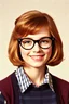 Placeholder: full color image, 1980's yearbook photo, girl, Molly Ringwald, 24 years old, a sly, clever smile on her face, 1980's clothing and hair styles, 4k UHD, photorealistic, (big, full, plump, pouty lips:1.5) big cat-eye eyeglasses, full body, head to toe, full frontal