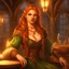 Placeholder: portrait of an auburn Tabaxi female bard in D&D style, long auburn hair cascading over shoulders, green eyes gazing seductively, stance conveying allure, intricate costume design, fantasy tavern background, patrons and wood-beamed ceilings slightly out of focus, candlelight casting a warm glow, ultra realistic, highly detailed, dramatic lighting