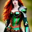 Placeholder: hyper realist, hyper detailed, stunningly beautiful teen girl, long ginger hair, green eyes, medium freckles, full lips, skimpy fantasy intricate leather armour, full body and head, c-cup breasts, aroused expression, centred camera, full frame, petite, centered camera