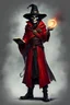 Placeholder: A warlock with (a book and a skull:1.4) wearing a (red robe:1.2), black shoes, a hat, and a ring, (casting a curse:1.4), looking (cunning and wicked:1.2)