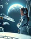 Placeholder: Space. A pretty girl in a future high-tech spacesuit and gadgets stands on the hull of the ship and looks at the spaceships docking at the space shipyard in the two-star system. Professional photo is made in the style of digital illustration with bright and saturated colors, clarity, soft focus, realistic, high resolution, high detail, HDR, 32k