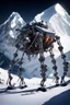 Placeholder: a sleek mechanical walker with eight legs scaling a very steep snow covered side of mout everest at night, it has a smooth surface, it has storage pods on its belly human can fit in the pods