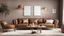 Placeholder: Home interior mock-up with brown leather sofa, table and decor in living room, 3d render