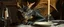 Placeholder: close up portrait painted by Rembrandt, stupid looking dragon with wrong proportions on dinner table