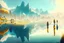 Placeholder: Sunny day, distant modern city, lake, lake reflections, people, mountains, sci-fi