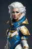 Placeholder: tabletop role-playing miniature of an extraterrestrial commander, beautiful humanlike face, white hair, wearing blue spacesuit with golden parts. full body. concept art hyperrealism