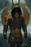 Placeholder: running berserker portrait , no face, black jogging suite , in the night Alps , holding coins , angels background, volumetric gold light, high detail, dark leaf tree, dark mountains in background, perfect